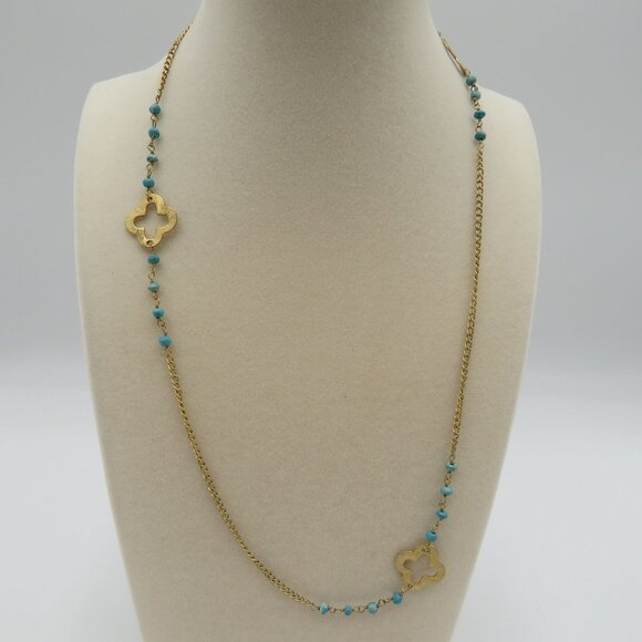 Station Necklace 17" Turquoise Beads Clover Charms Gold Tone Handmade In India - Picture 3 of 6